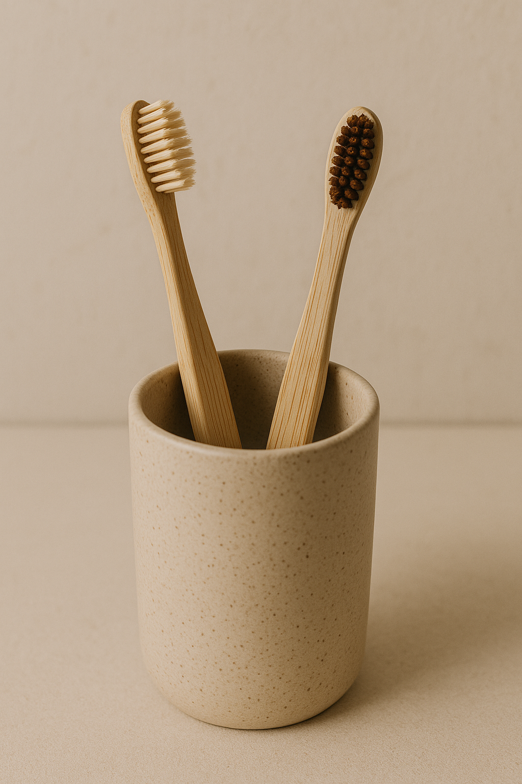 Duas escovas de dentes de bambu em um copo de cerâmica bege, com iluminação suave que destaca suas cerdas e textura natural. A composição é minimalista, com foco claro e fundo neutro, transmitindo uma sensação de simplicidade e sustentabilidade.